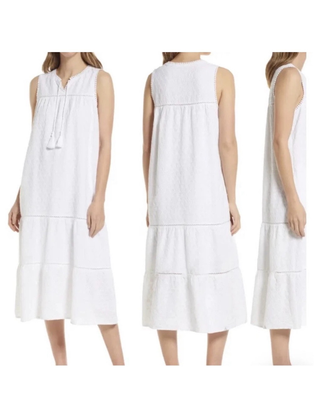 TOMMY BAHAMA WHITE SLEEVELESS EYELET RUFFLE TIERED COTTON BOHO MIDI DRESS SzXL